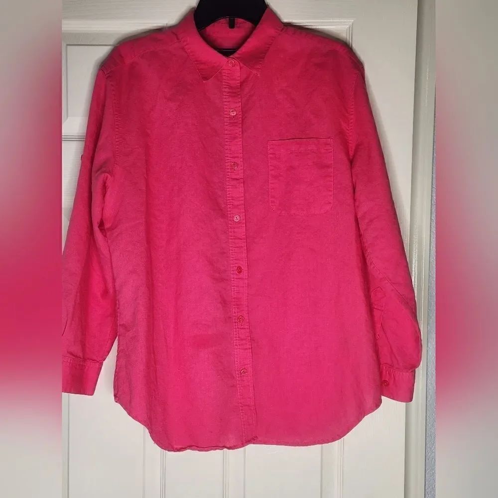 Jones Wear Sport L Pink LINEN Cotton Roll Lngslv Pocket Buttons Up Women Shirt